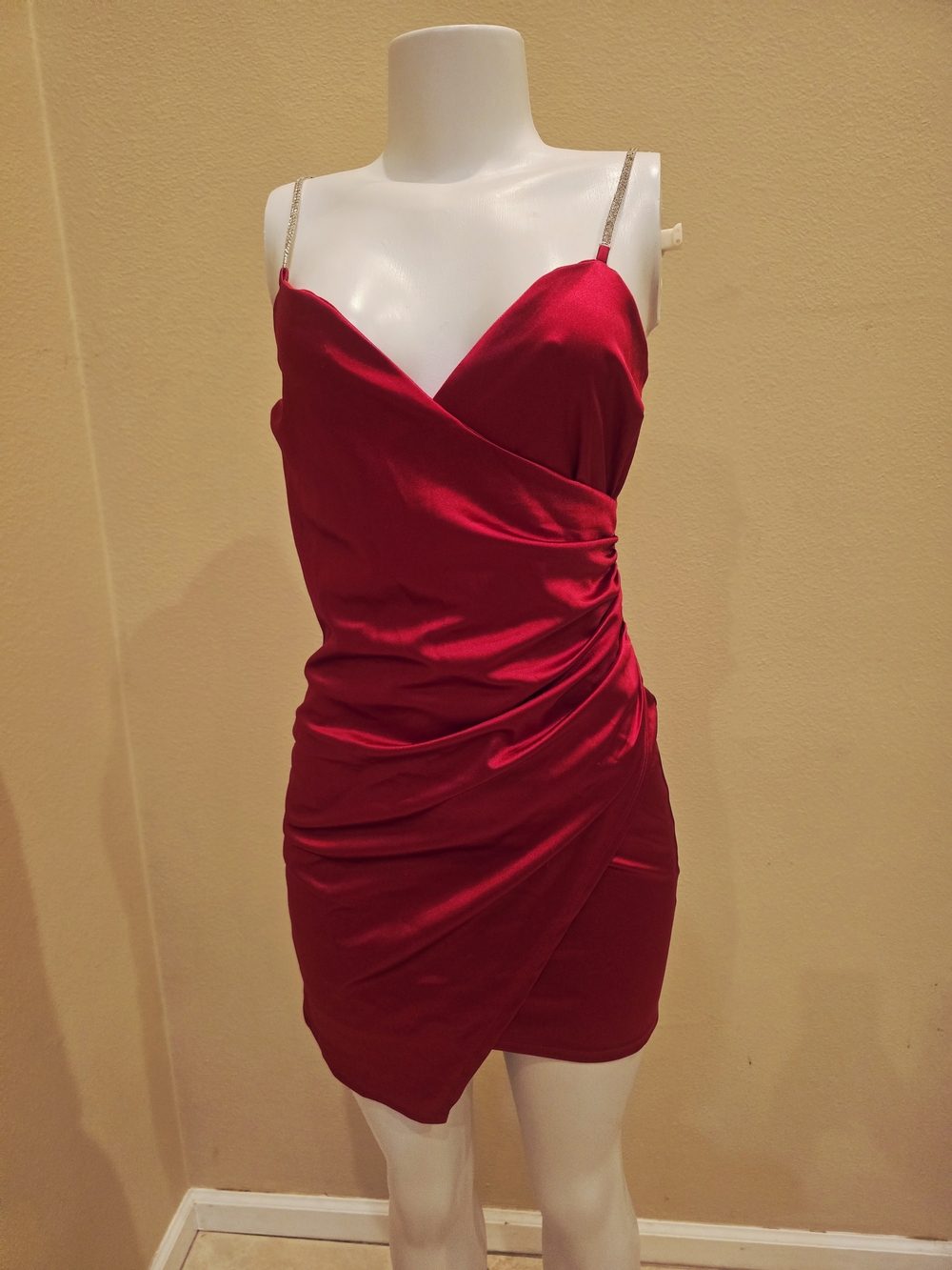 Ruched Satin Mini Dress with Rhinestone Straps - Fuchsia
